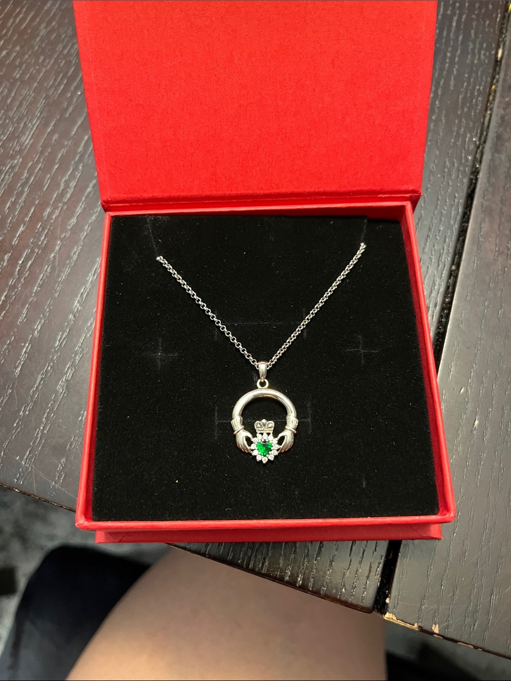 Sterling Silver Claddagh Necklace with Green Center Stone